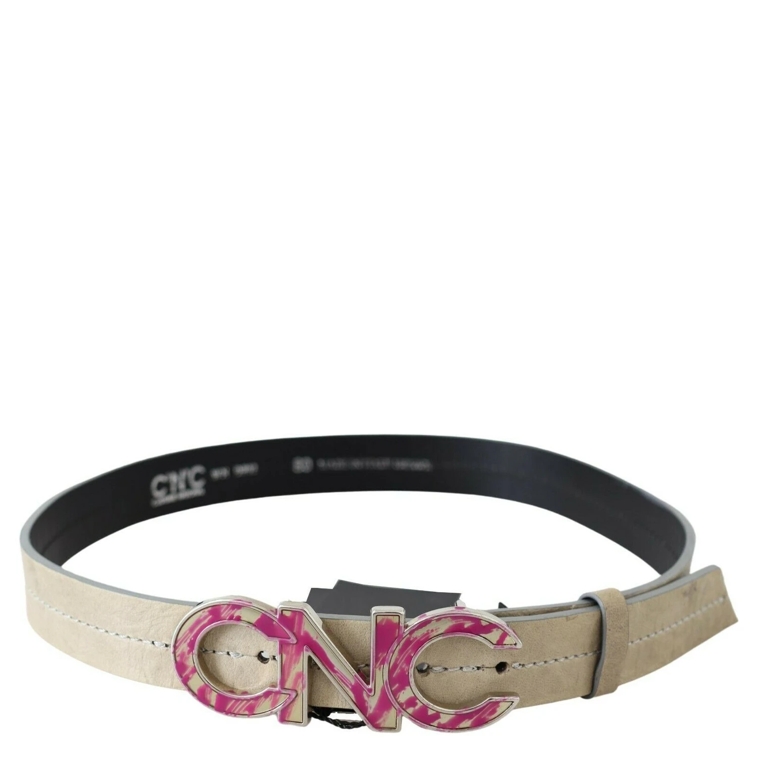 Beige Leather Pink Letter Logo Buckle Belt
