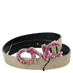 Beige Leather Pink Letter Logo Buckle Belt