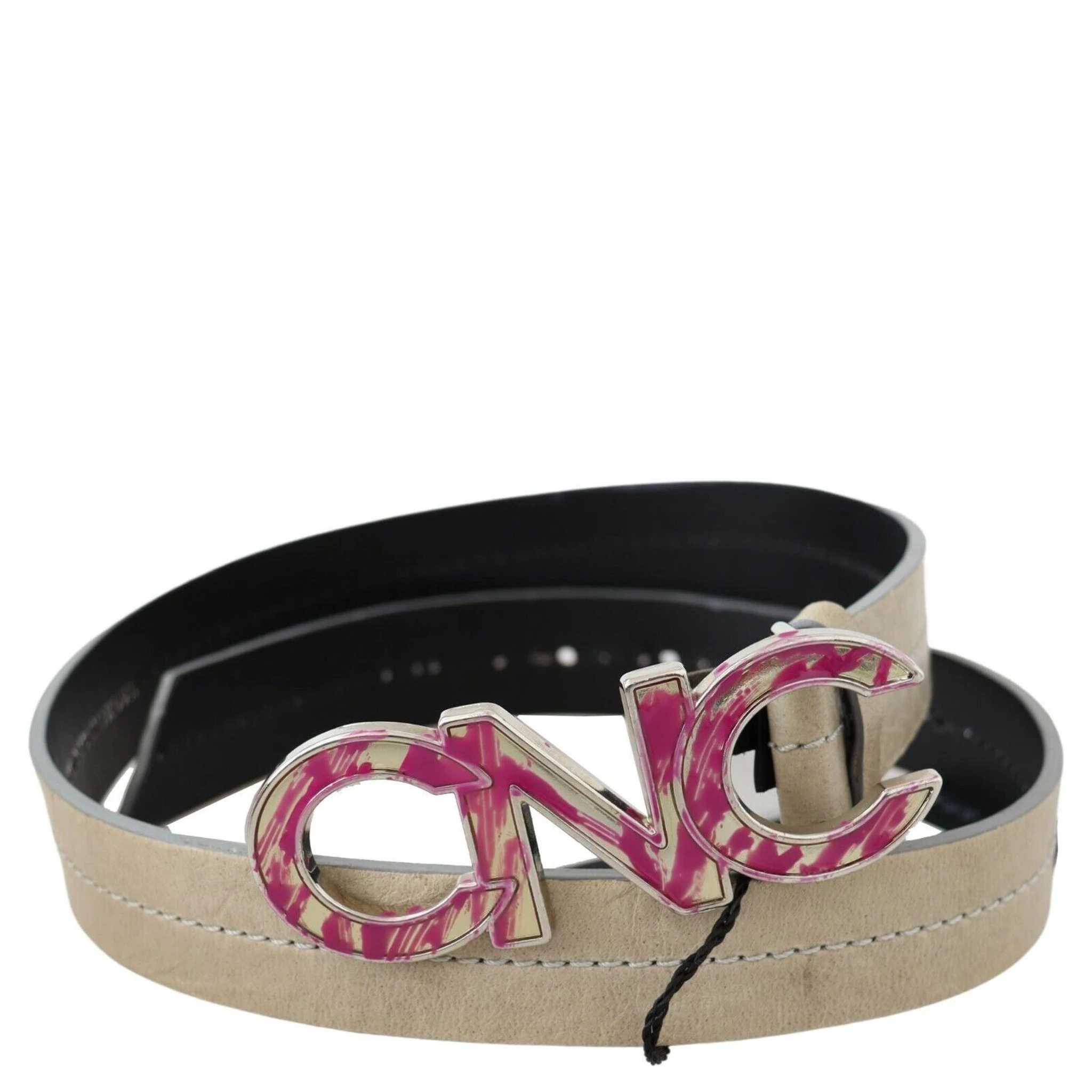 Beige Leather Pink Letter Logo Buckle Belt