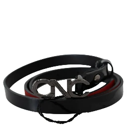 Black Skinny Leather Logo Buckle Belt