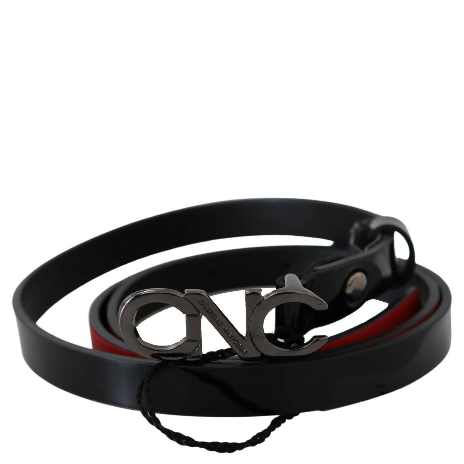 Black Skinny Leather Logo Buckle Belt
