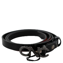 Black Skinny Leather Logo Buckle Belt