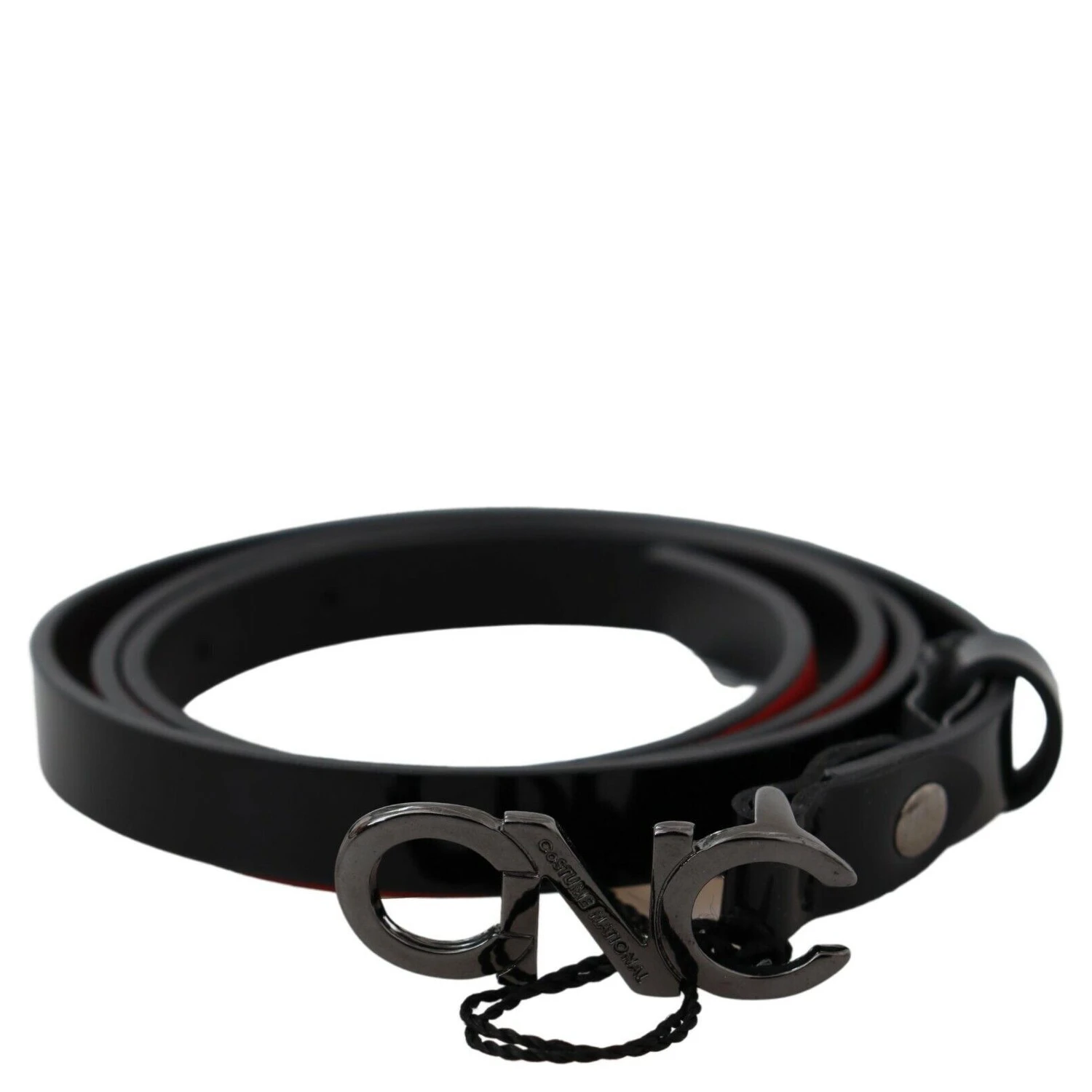 Black Skinny Leather Logo Buckle Belt