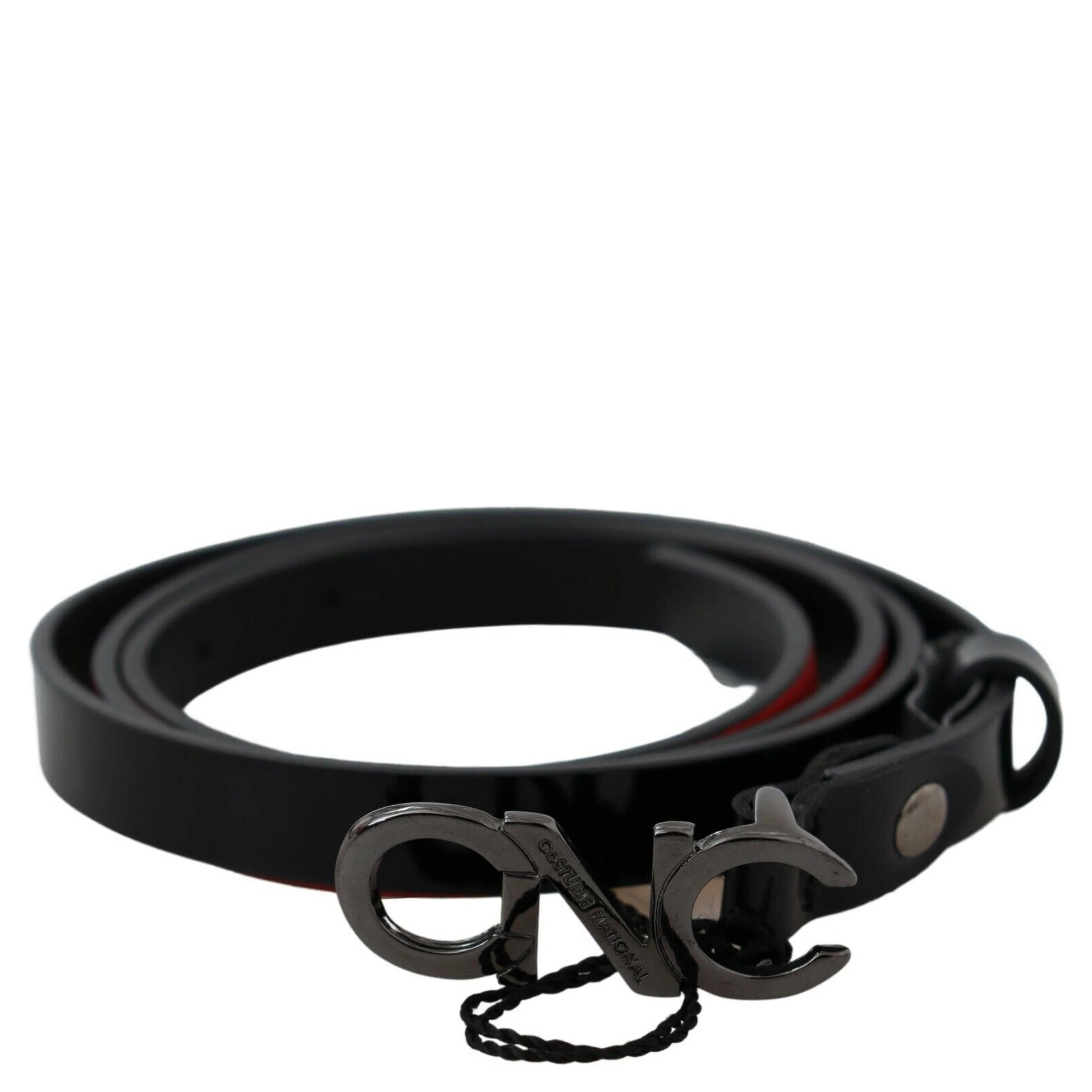 Black Skinny Leather Logo Buckle Belt