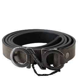 Dark Brown Leather Letter Logo Buckle Belt