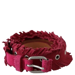 Maroon Leather Fringes Silver Buckle Waist Belt