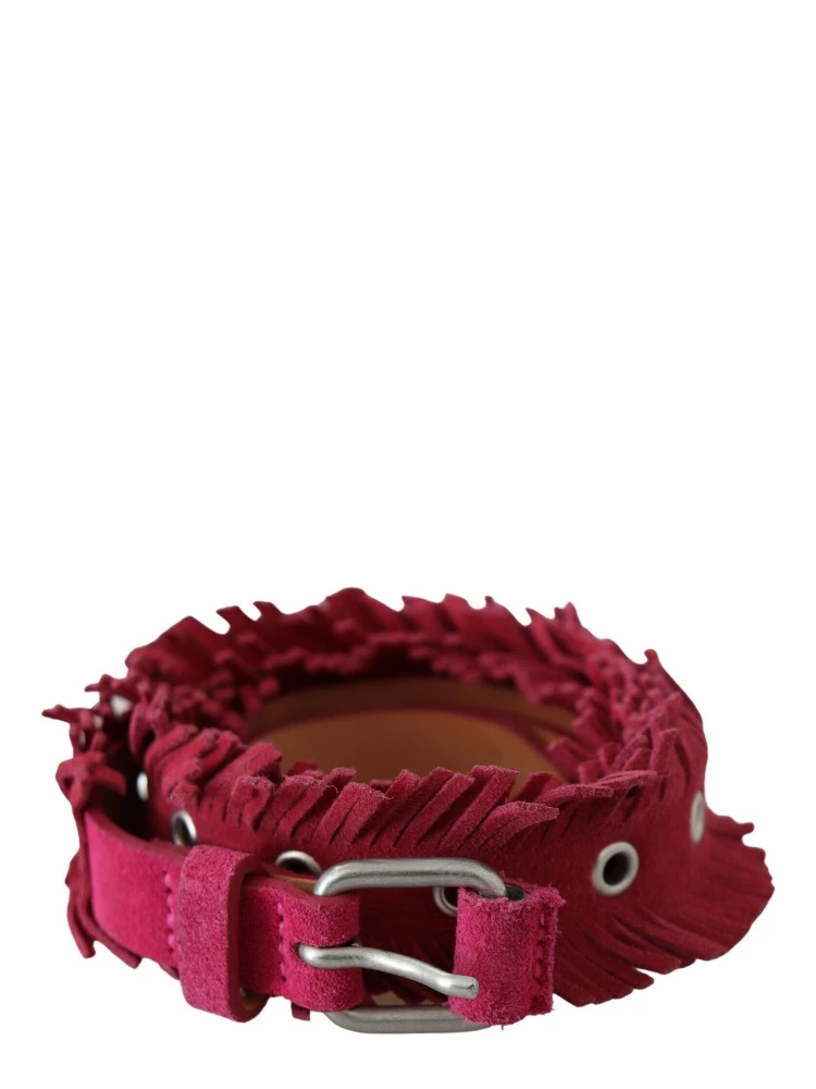 Maroon Leather Fringes Silver Buckle Waist Belt