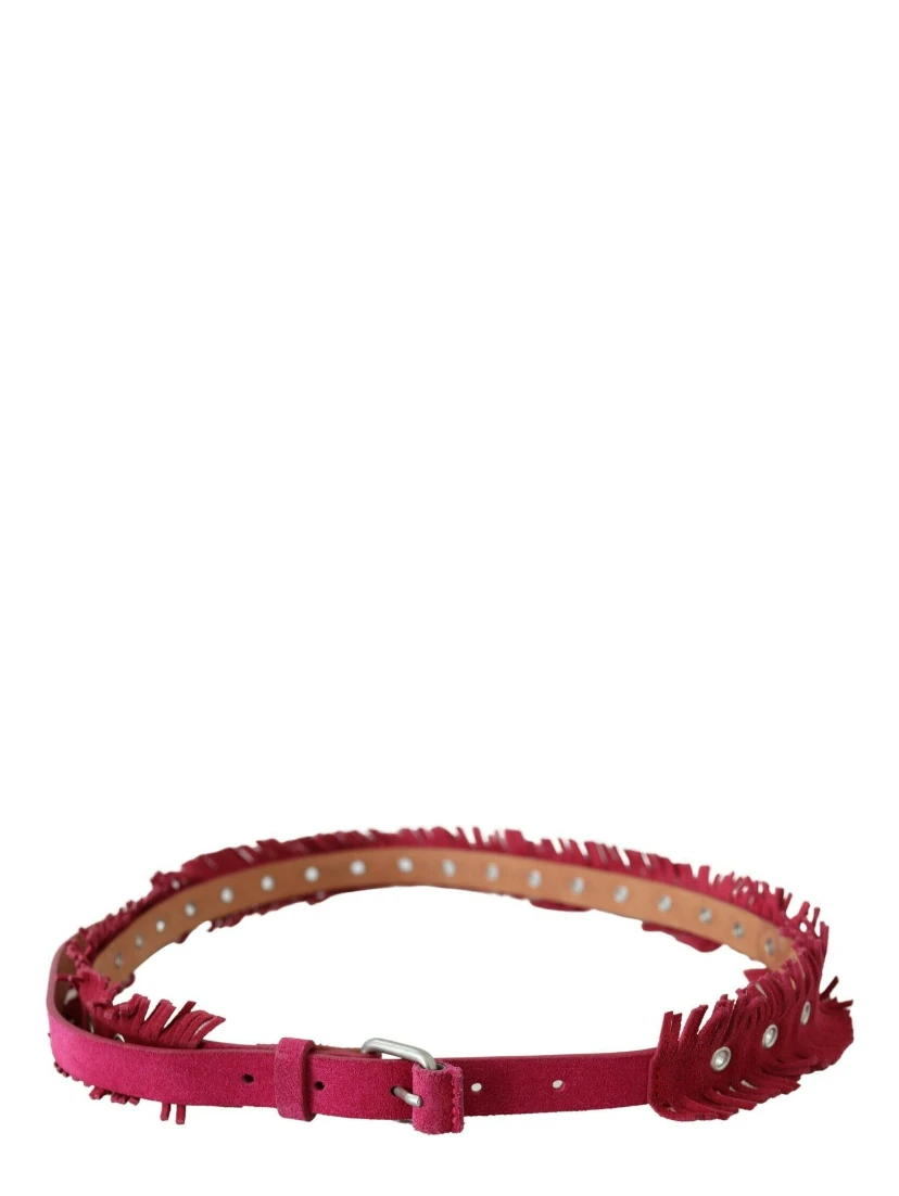 Maroon Leather Fringes Silver Buckle Waist Belt