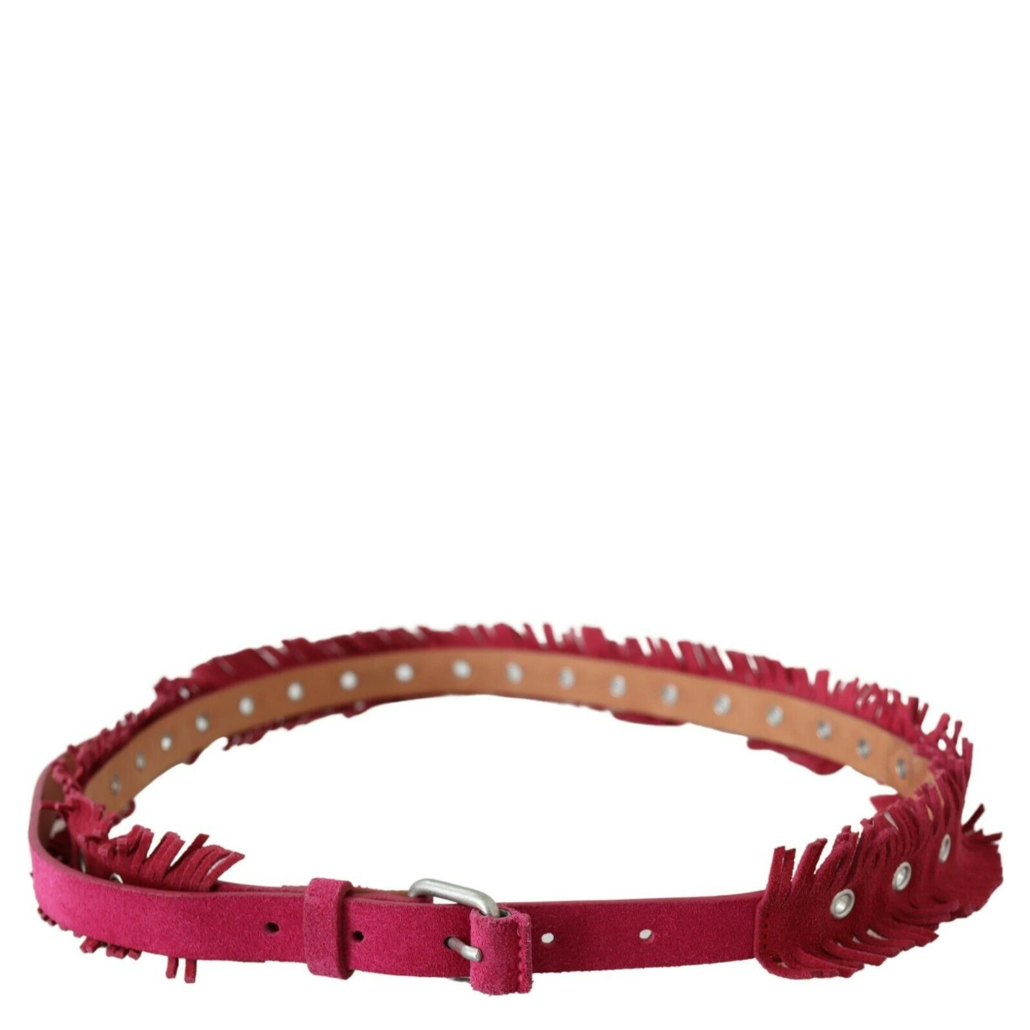 Maroon Leather Fringes Silver Buckle Waist Belt