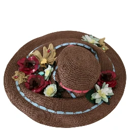 Brown Knitted Straw Floral Hat