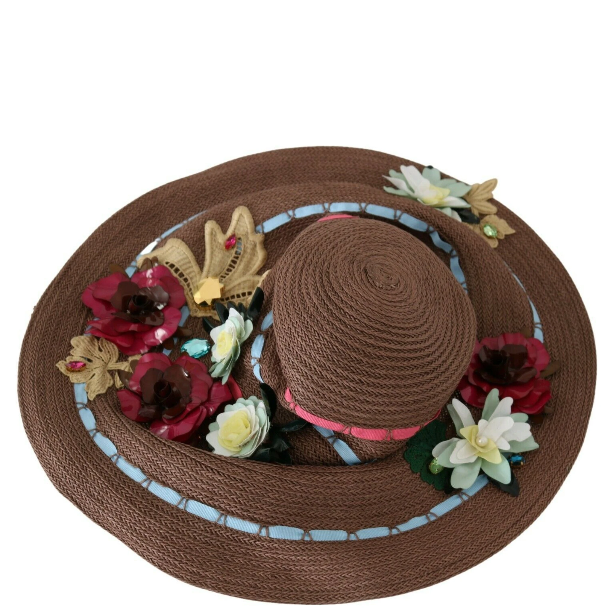 Brown Knitted Straw Floral Hat