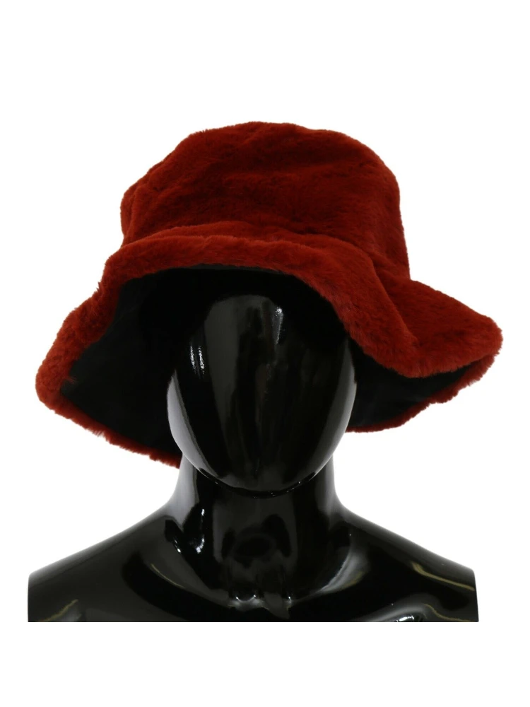Red Bordeaux Fur Wide Brim Bucket  Hat