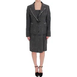 Gray Checkered Cotton Blazer Dress Set Suit