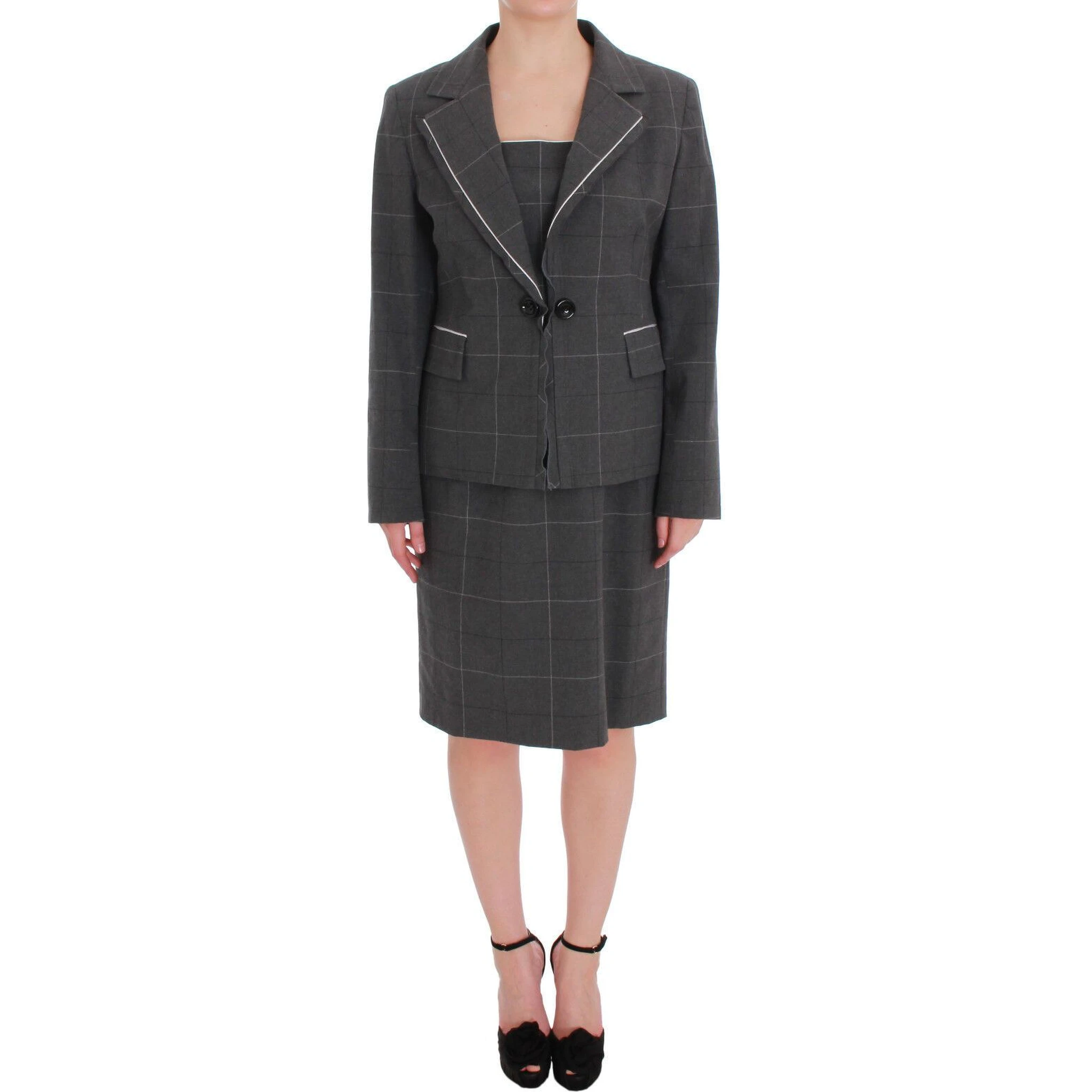 Gray Checkered Cotton Blazer Dress Set Suit
