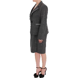 Gray Checkered Cotton Blazer Dress Set Suit