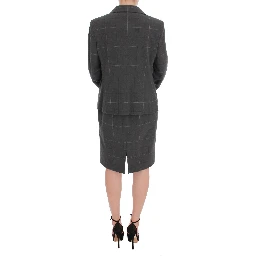 Gray Checkered Cotton Blazer Dress Set Suit