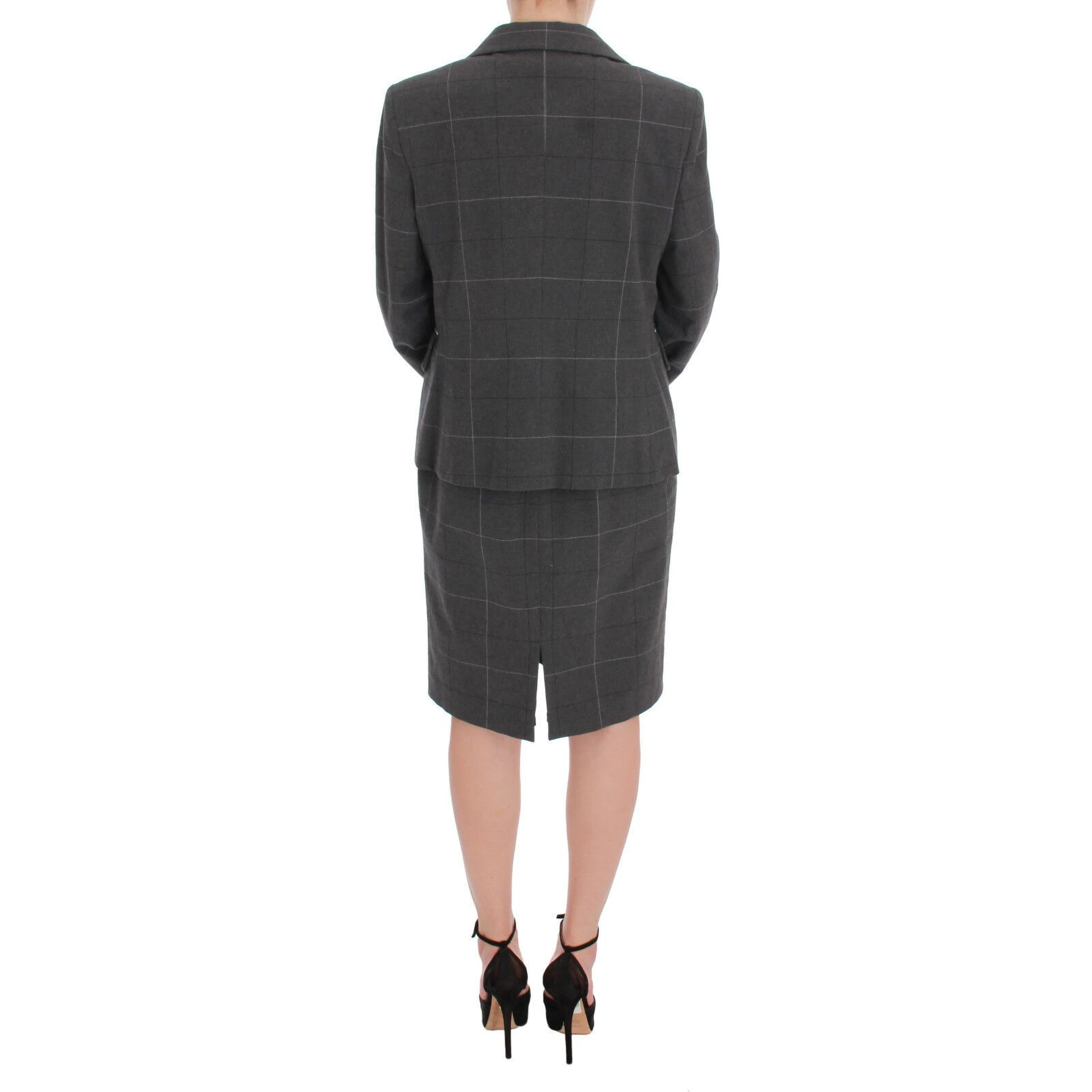 Gray Checkered Cotton Blazer Dress Set Suit