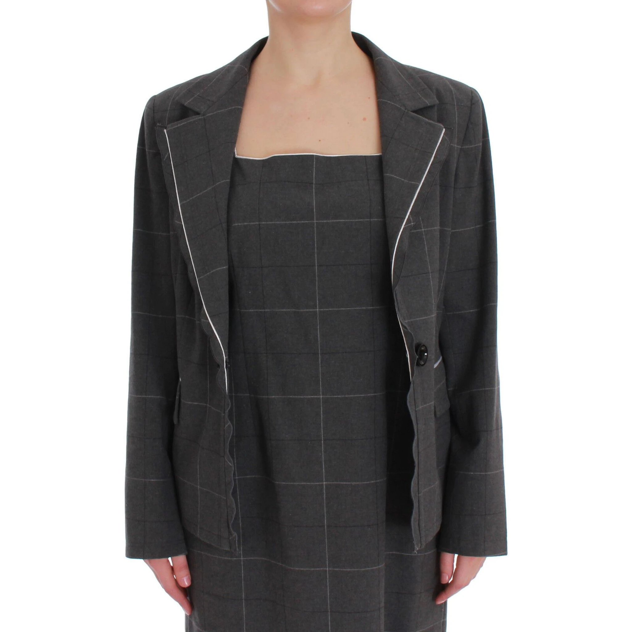 Gray Checkered Cotton Blazer Dress Set Suit