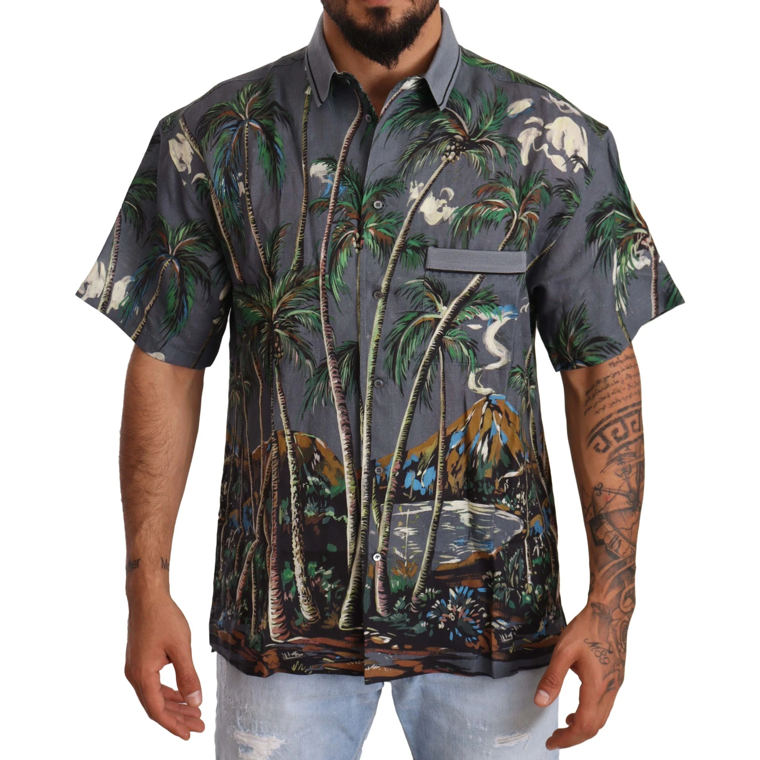 Gray Linen Tropical Print Collared Shirt