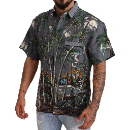 Gray Linen Tropical Print Collared Shirt