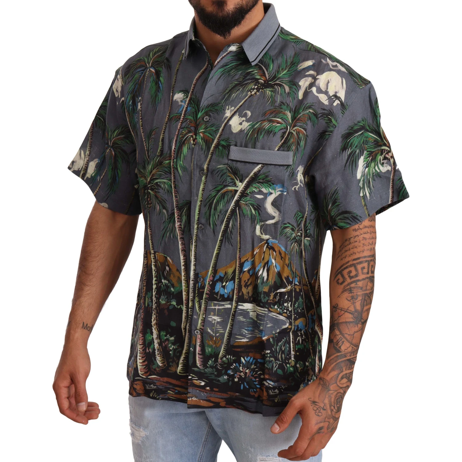 Gray Linen Tropical Print Collared Shirt