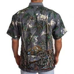 Gray Linen Tropical Print Collared Shirt