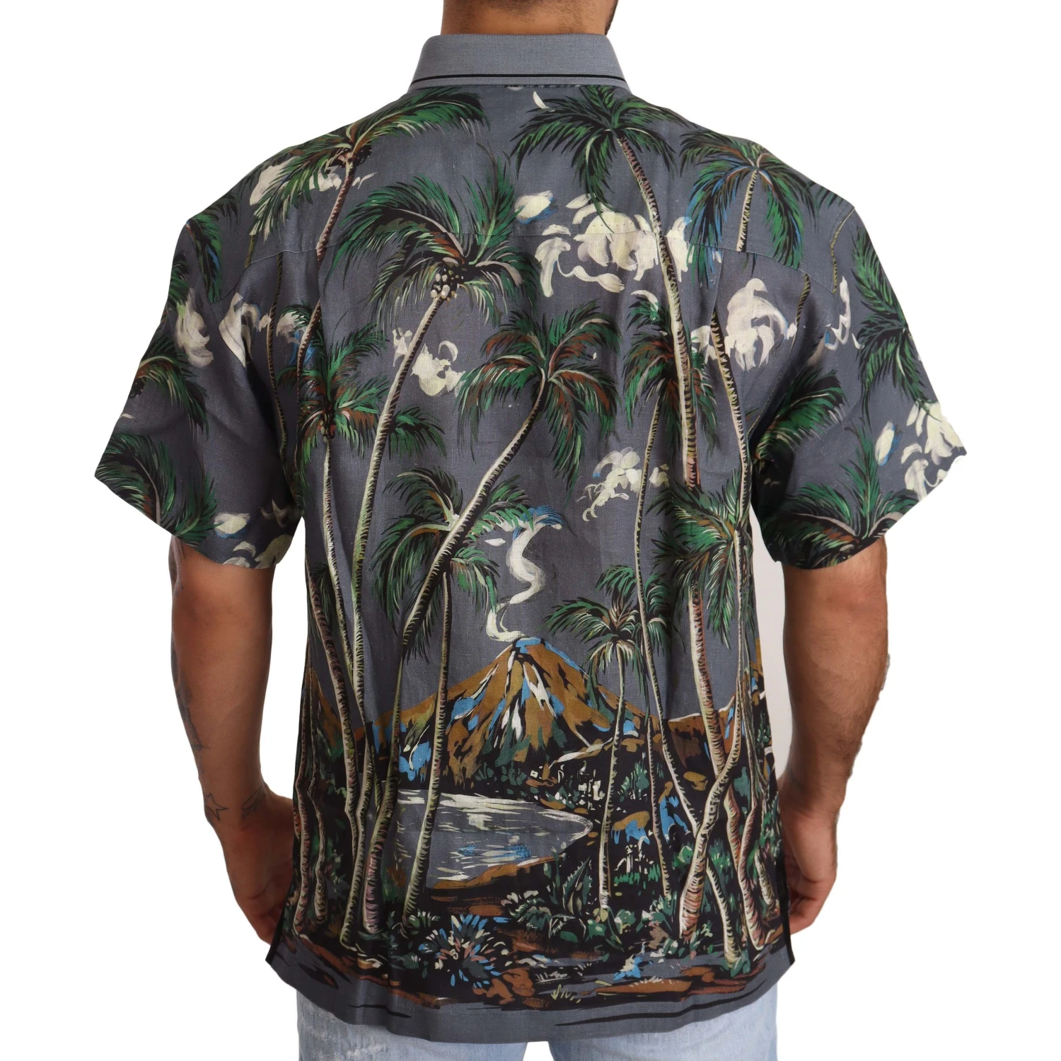 Gray Linen Tropical Print Collared Shirt