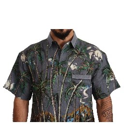 Gray Linen Tropical Print Collared Shirt