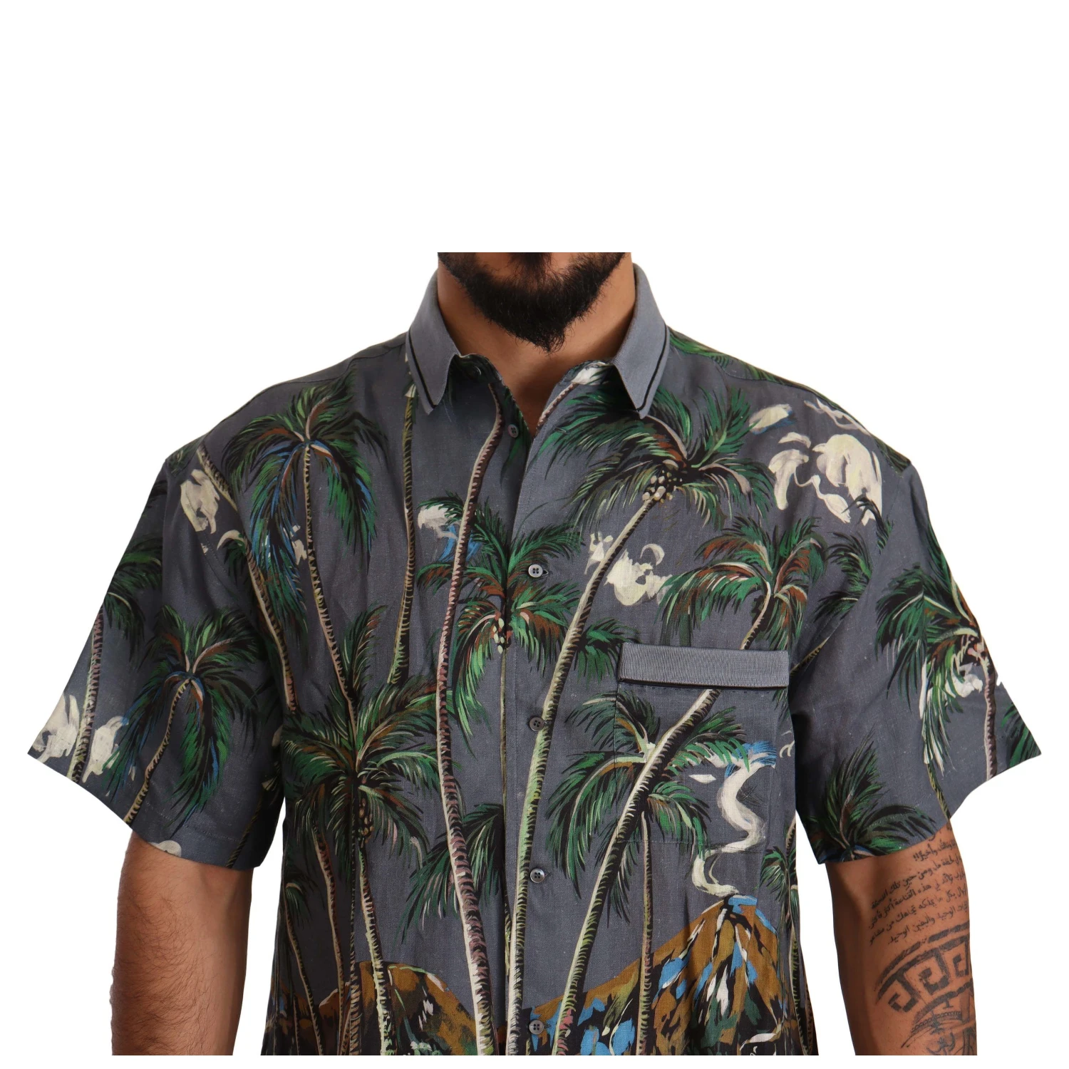 Gray Linen Tropical Print Collared Shirt