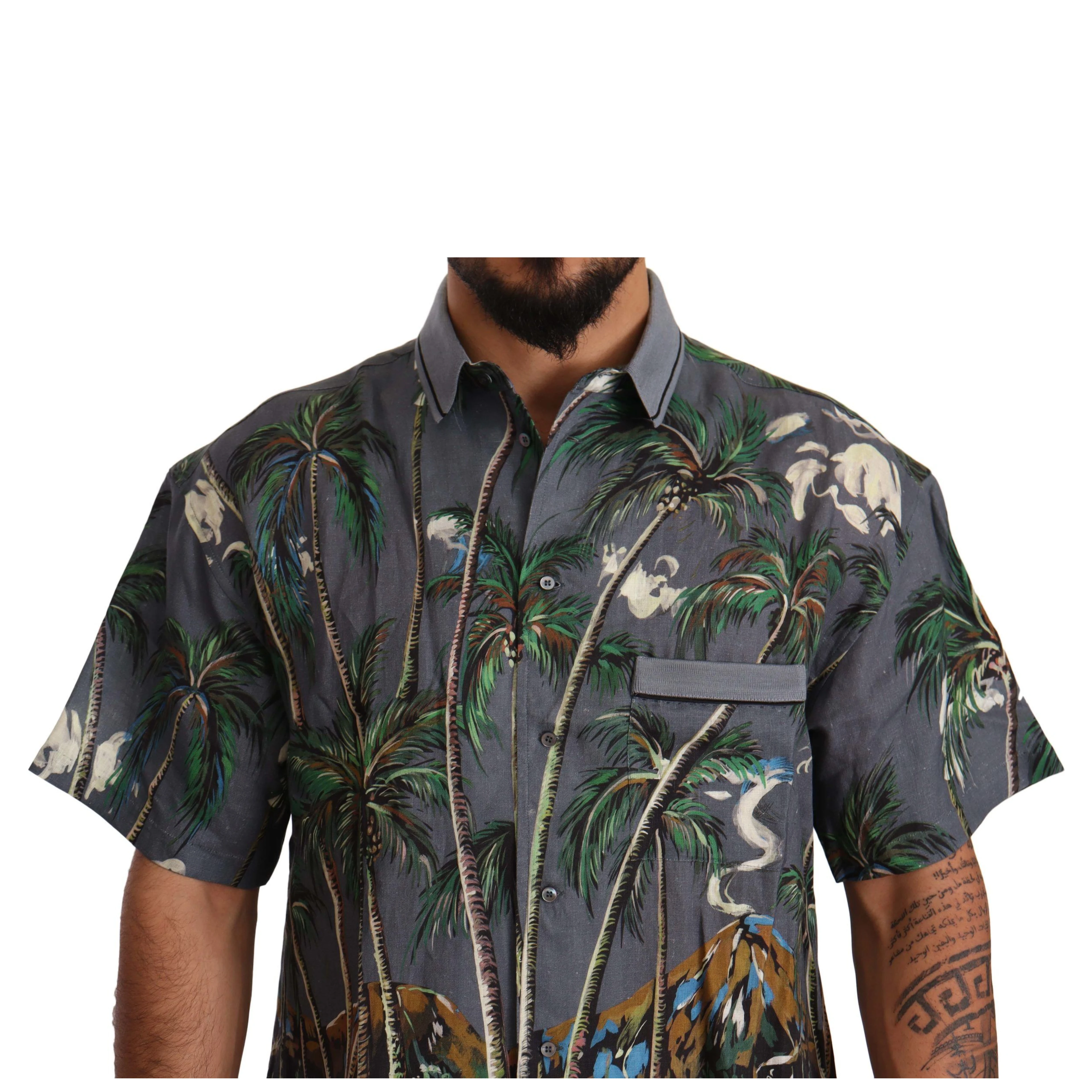 Gray Linen Tropical Print Collared Shirt