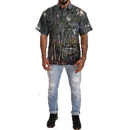 Gray Linen Tropical Print Collared Shirt