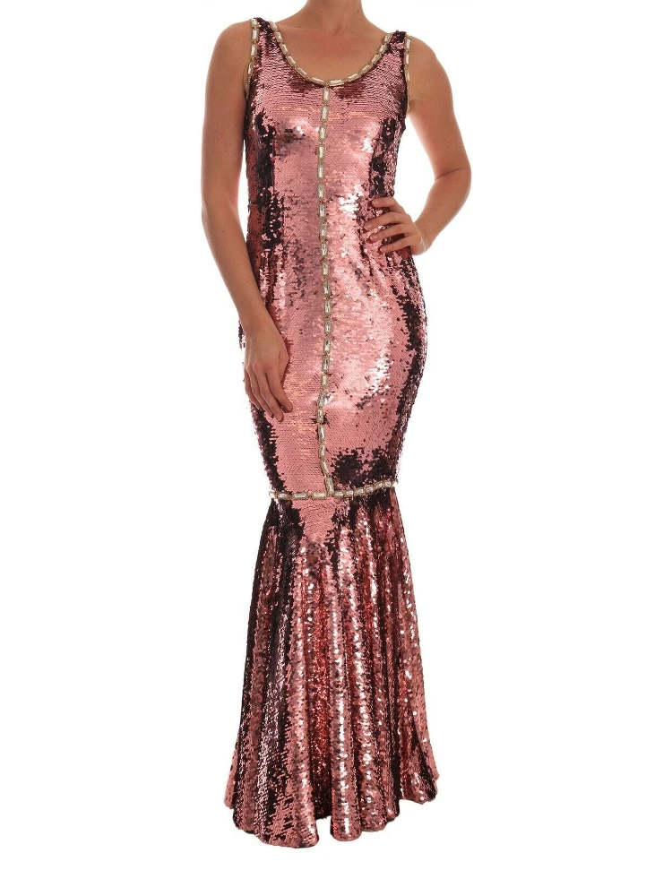 Pink Sequined Sheath Crystal Dress Gown