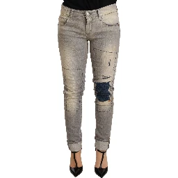 Gray Cotton Slim Fit Folded Hem Women Denim Pant