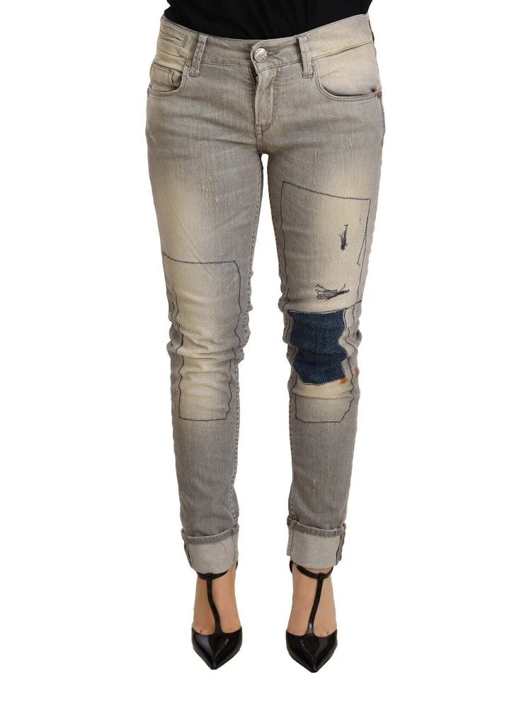 Gray Cotton Slim Fit Folded Hem Women Denim Pant