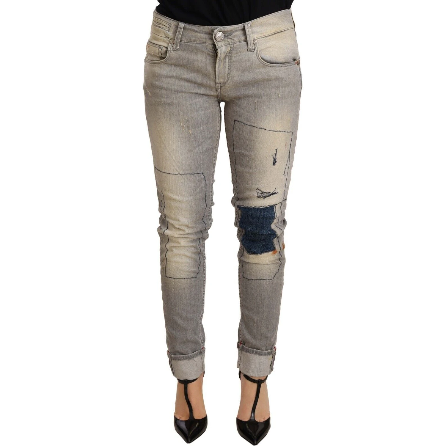 Gray Cotton Slim Fit Folded Hem Women Denim Pant