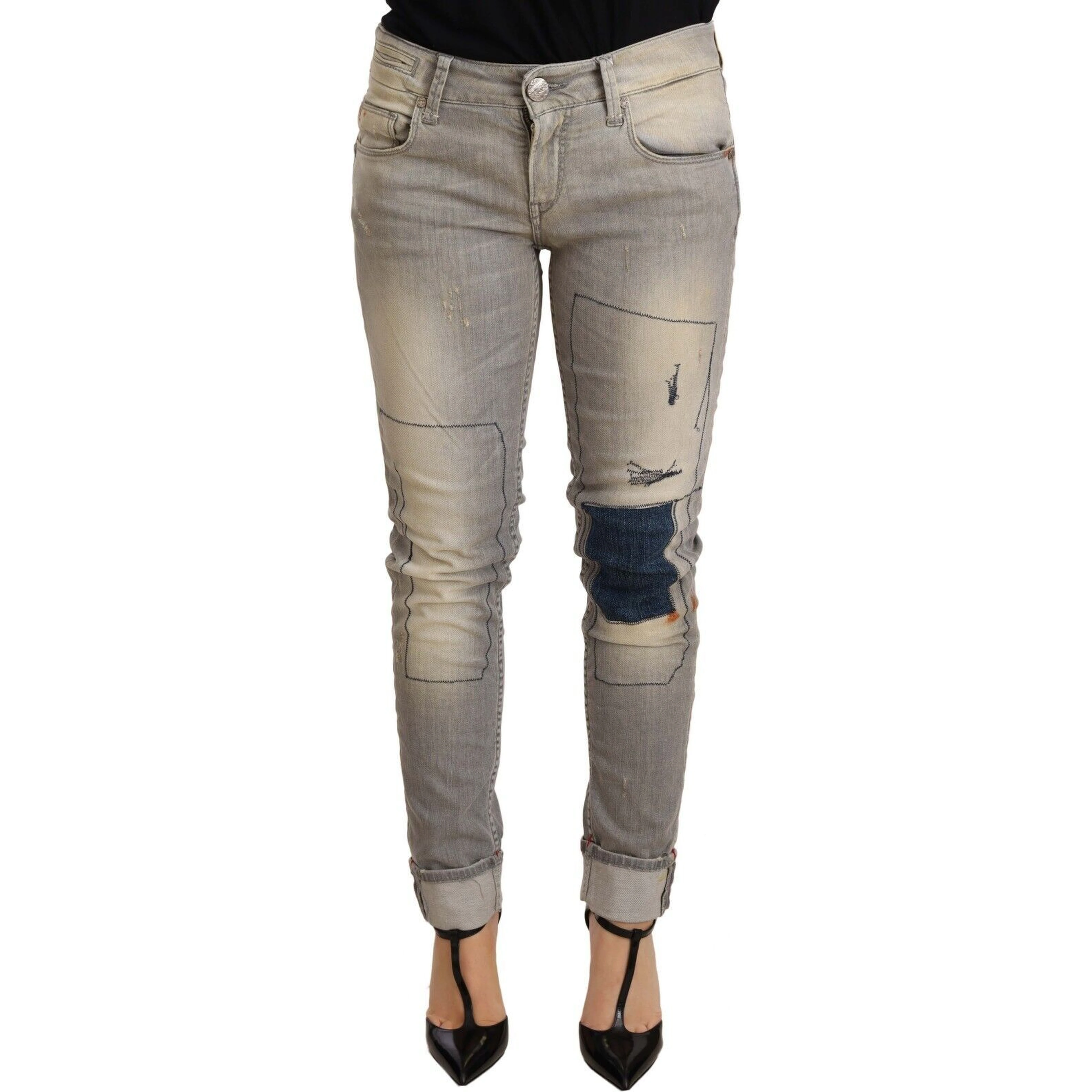 Gray Cotton Slim Fit Folded Hem Women Denim Pant