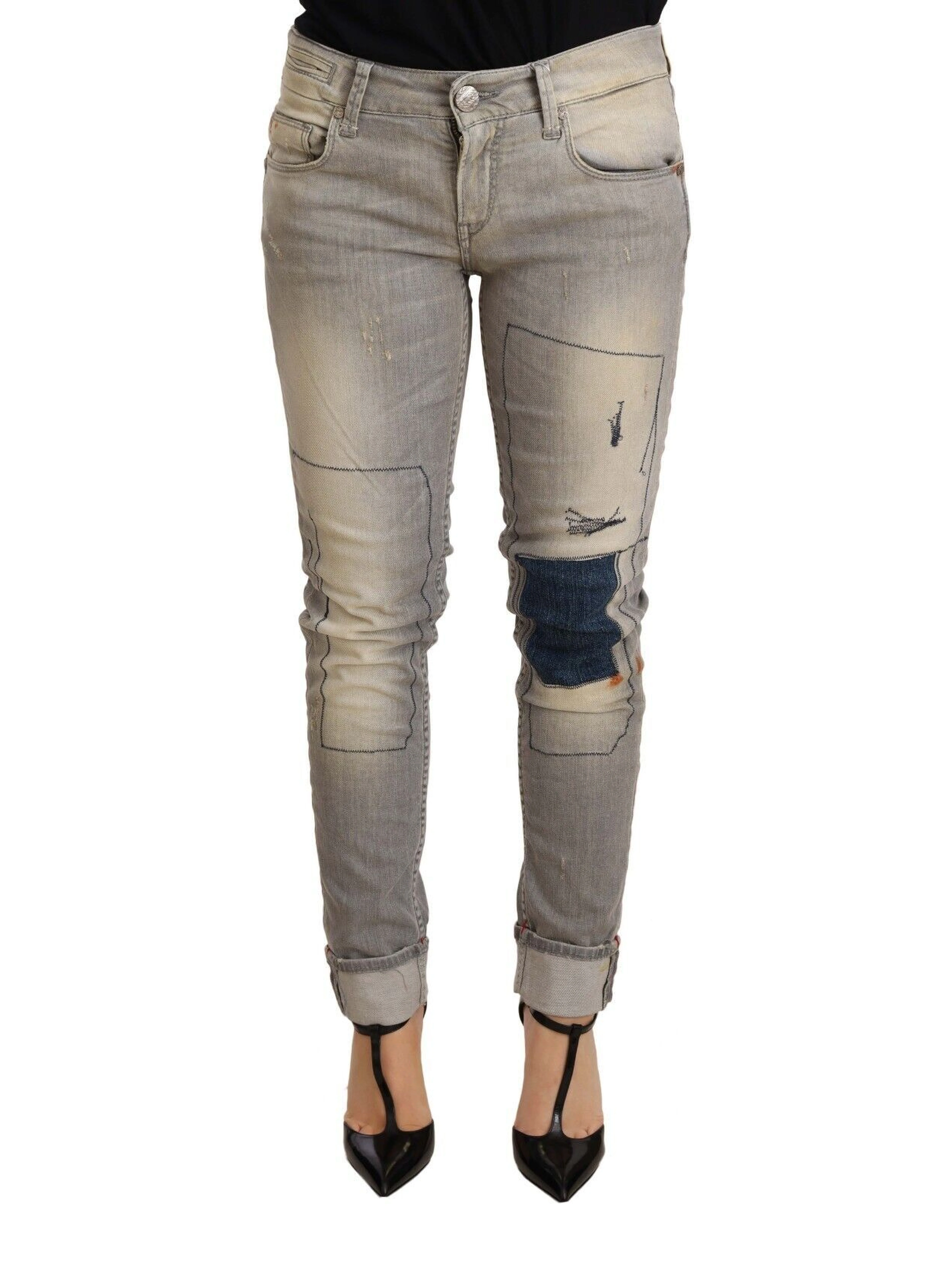 Gray Cotton Slim Fit Folded Hem Women Denim Pant