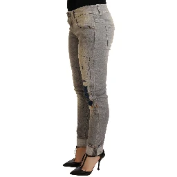 Gray Cotton Slim Fit Folded Hem Women Denim Pant