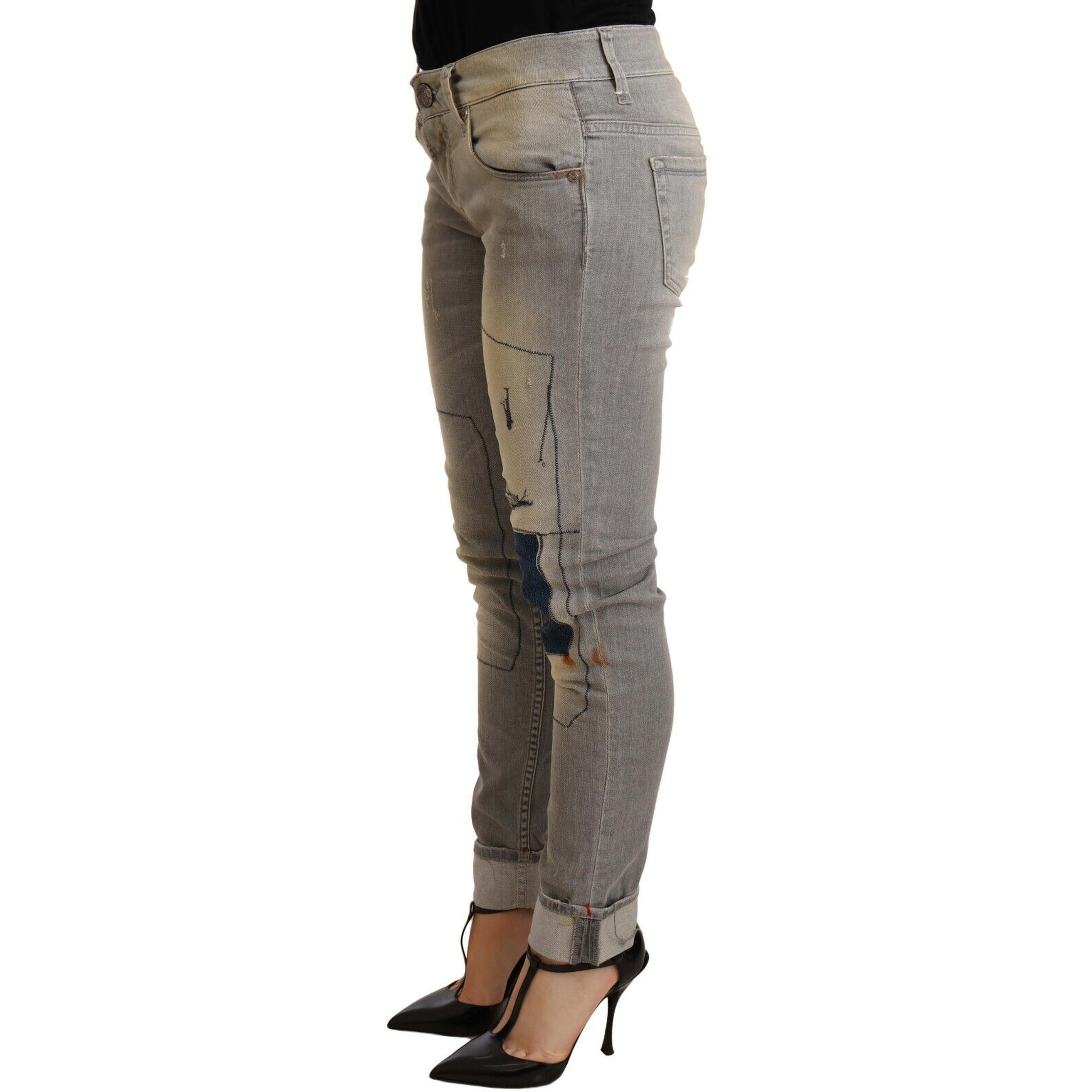 Gray Cotton Slim Fit Folded Hem Women Denim Pant