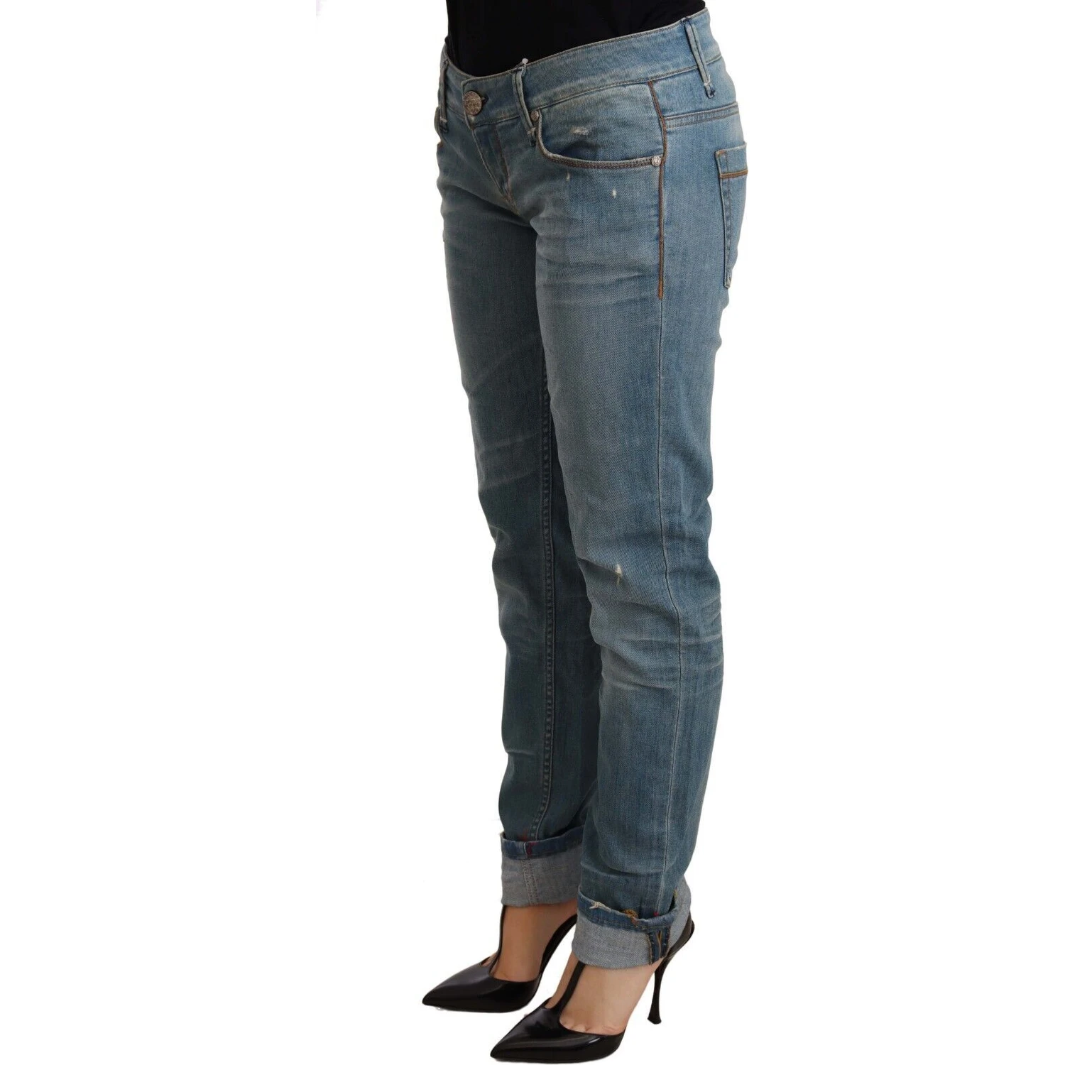 Blue Washed Cotton Folded Hem Women Trouser