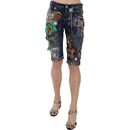Blue Denim Mid Waist Crystal Capri Shorts