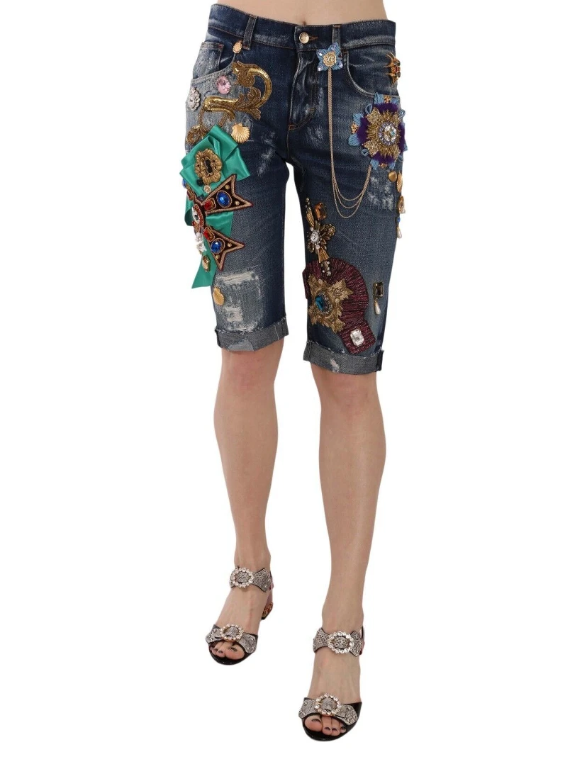 Blue Denim Mid Waist Crystal Capri Shorts