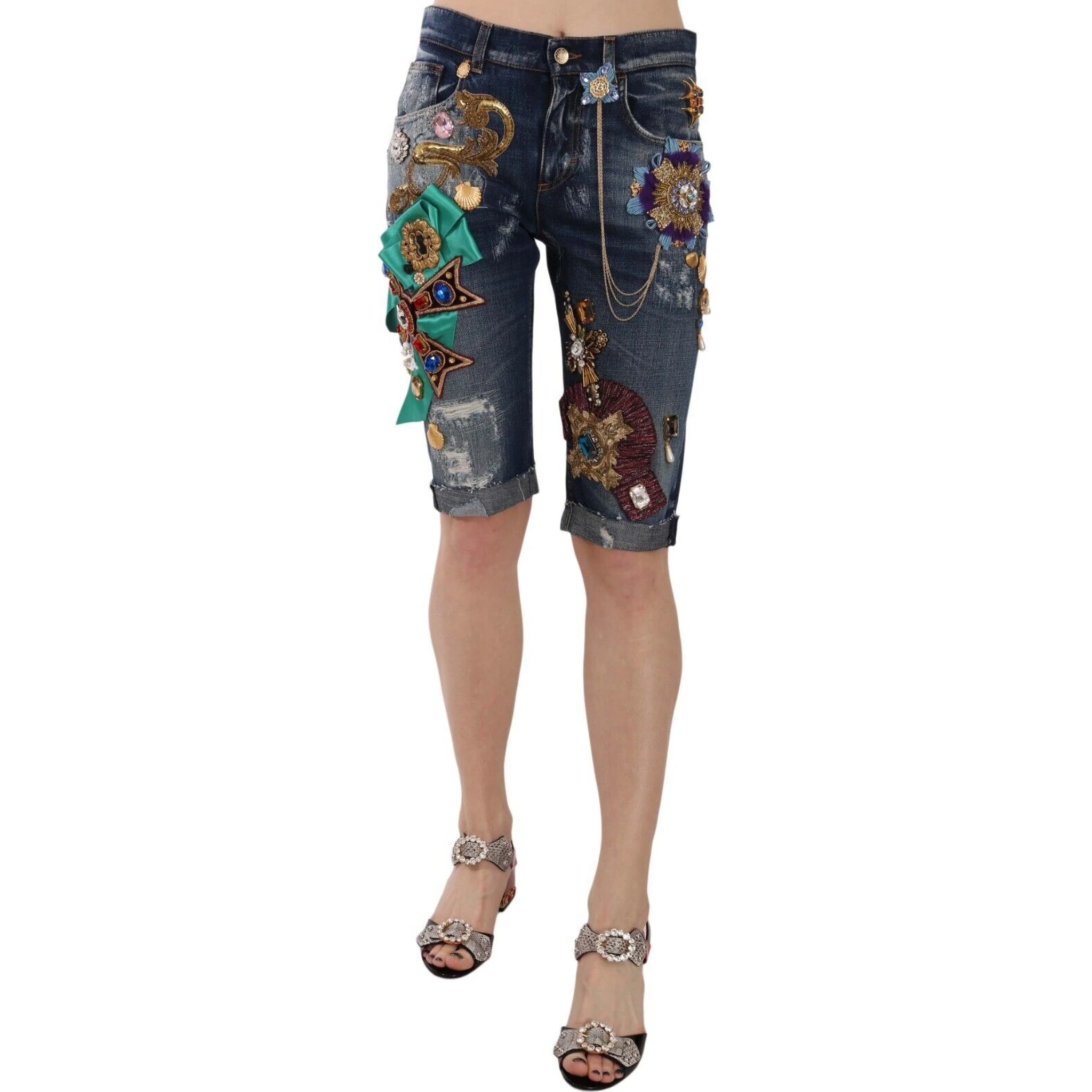 Blue Denim Mid Waist Crystal Capri Shorts