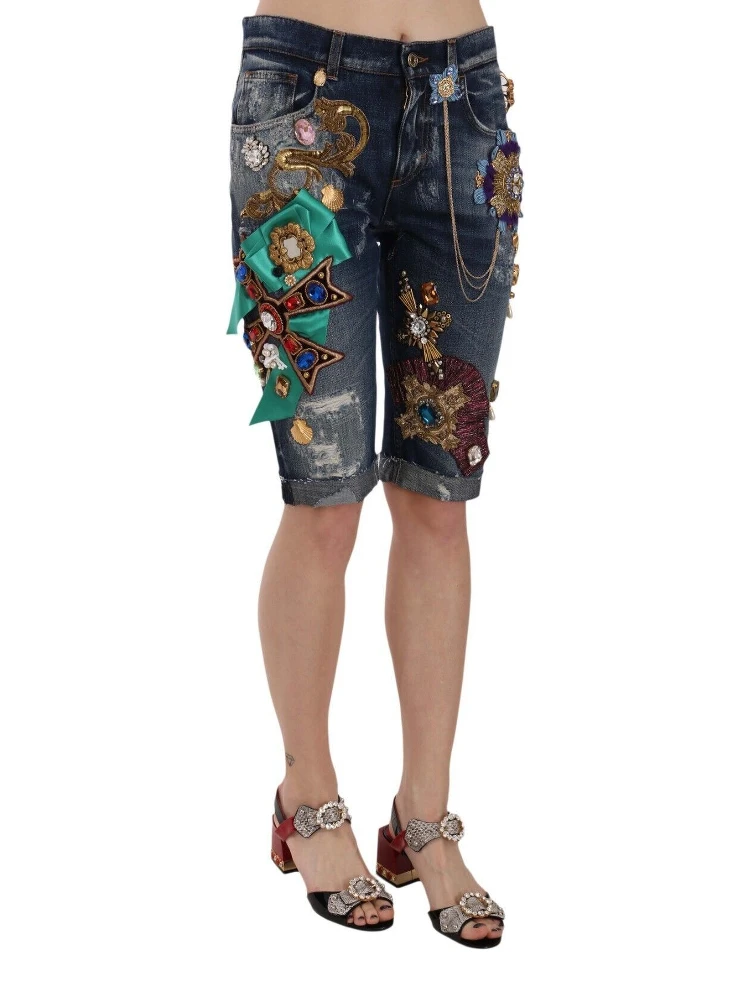 Blue Denim Mid Waist Crystal Capri Shorts alternative