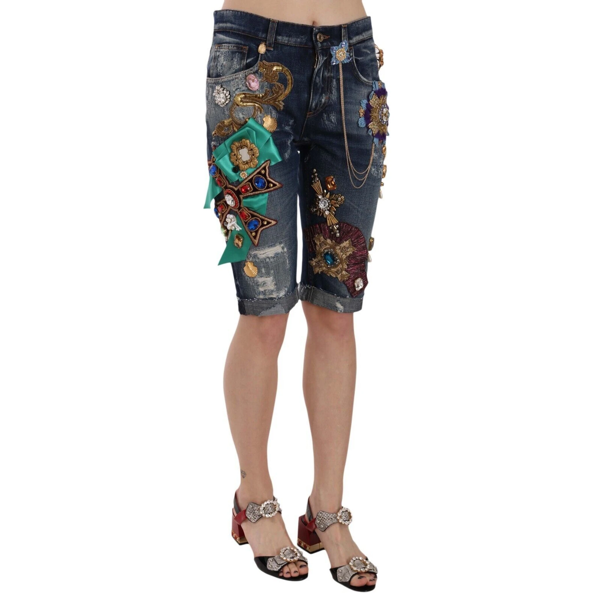 Blue Denim Mid Waist Crystal Capri Shorts
