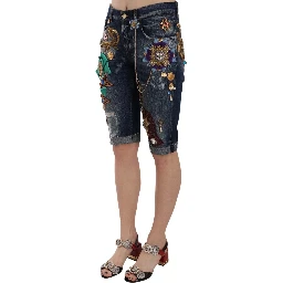 Blue Denim Mid Waist Crystal Capri Shorts