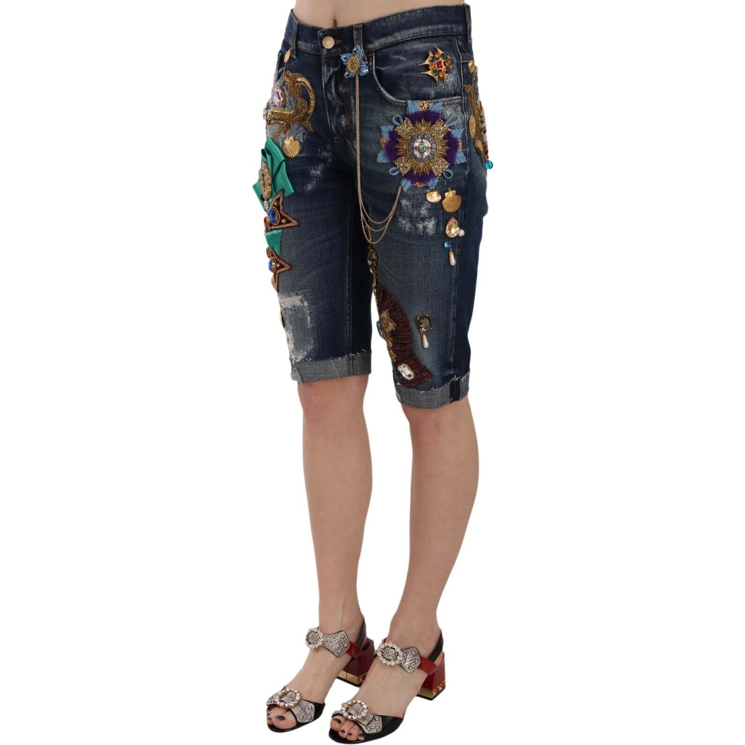 Blue Denim Mid Waist Crystal Capri Shorts