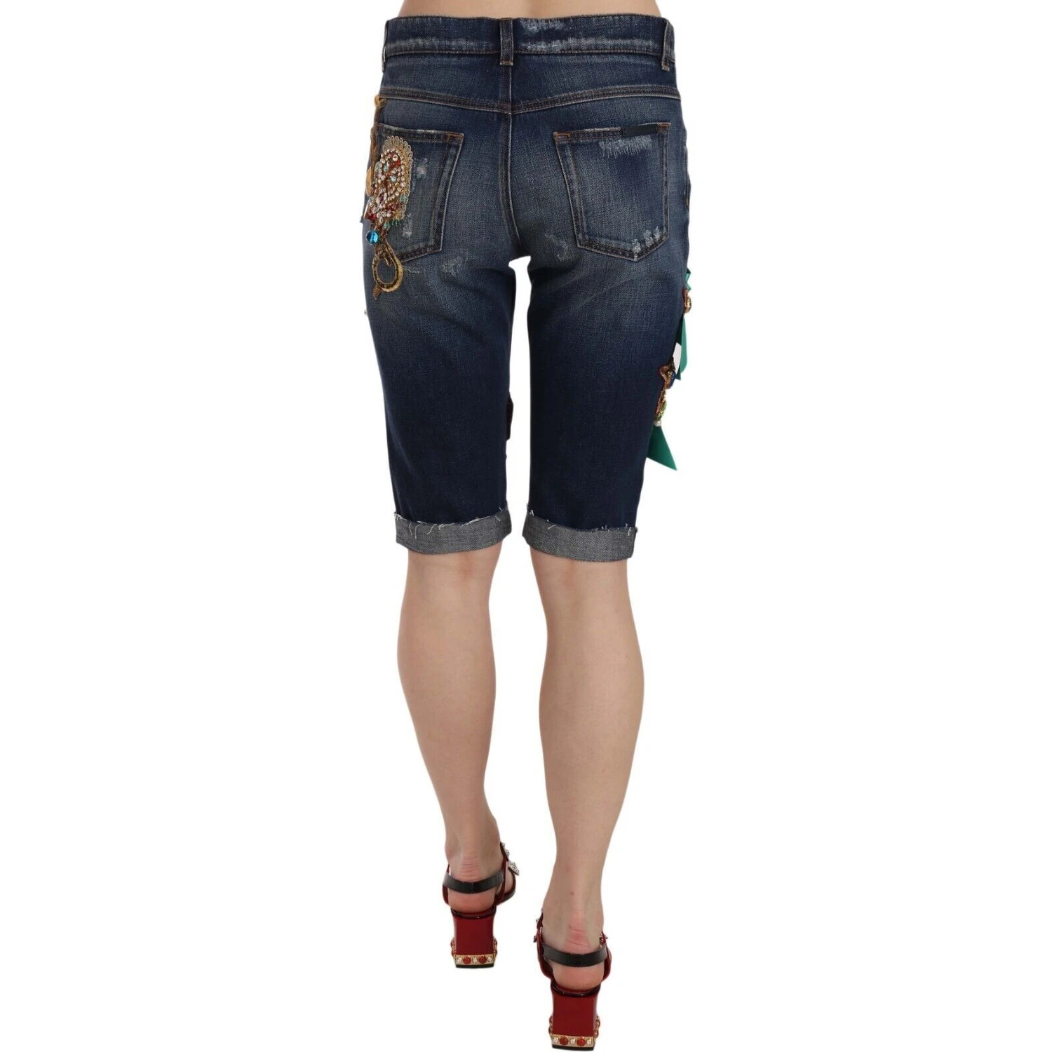Blue Denim Mid Waist Crystal Capri Shorts