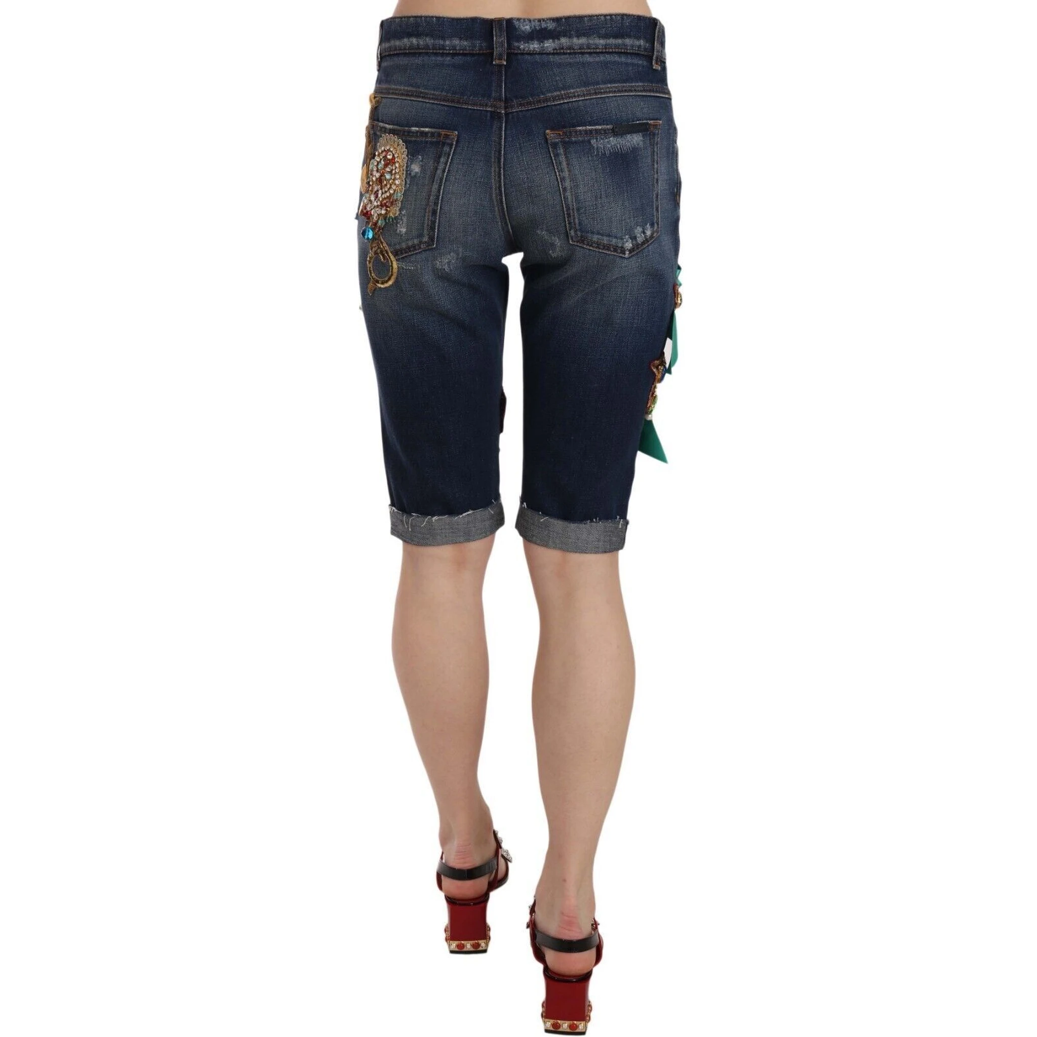 Blue Denim Mid Waist Crystal Capri Shorts