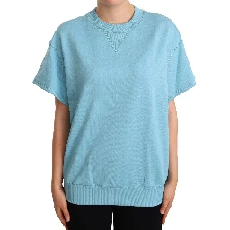 Blue Cotton Short Sleeves Crew Neck Top